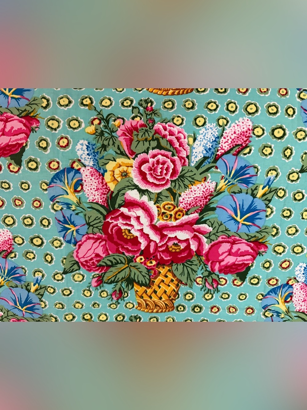 flower Basket Print Pink & Teal, cotton fabric, 56” Length & 43” width